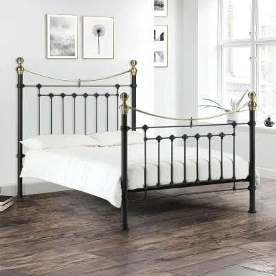 Happy Beds Victoria - Double Satin Black Metal Bed Frame - 4ft6 - Victorian Style - Opulent Brass Finials - Happy Beds