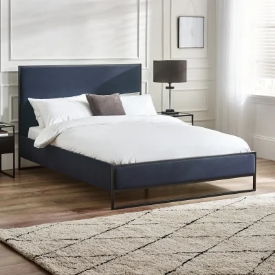 Happy Beds Cooper - King Size - Low Foot-End Bed - Navy Blue/Black - Fabric/Metal - 5ft - Happy Beds