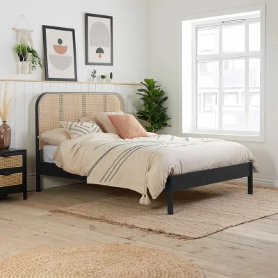 Happy Beds Margot - Double - Low-Foot End Rattan Bed - Black - Wooden - 4ft6 - Happy Beds