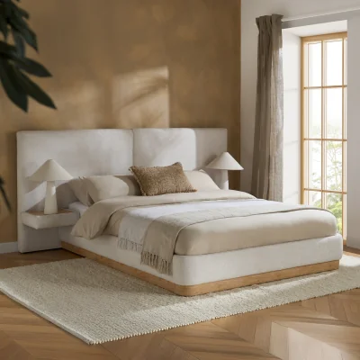 Happy Beds Como - Double - Hotel Bed with Built-In Nightstands - White - Fabric - 4ft6