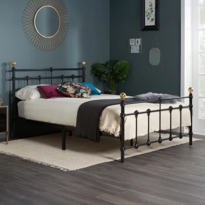 Happy Beds Atlas - Small Double - Black Metal Bed Frame with Antique Brass Finials - Small Double - Happy Beds