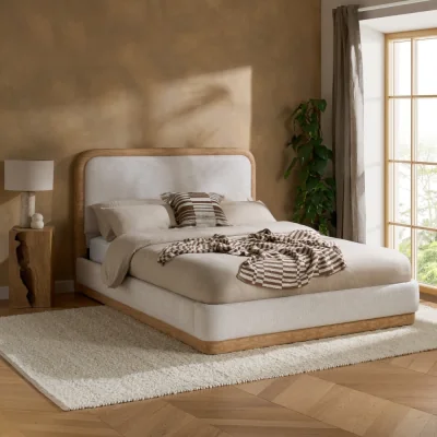 Happy Beds Girona - King Size - Faux Wood-Effect Fabric Trim Bed - White - Fabric - 5ft