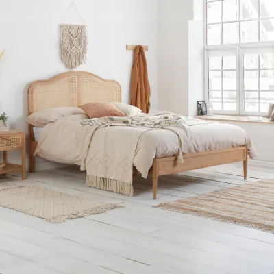 Happy Beds Leonie - Double - Rattan Bed - Boho Style - Oak - Wooden - Low Foot-End - 4ft6 - Happy Beds