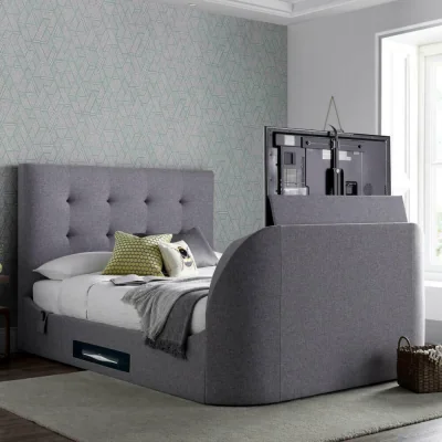 Happy Beds Lannister - Super King Size - Electric TV Bed - Light Grey - Fabric - 6ft - Happy Beds