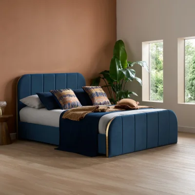 Happy Beds Rowan - King-Size - Low Foot-End Bed - Blue/Gold - Velvet - 5ft