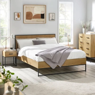 Happy Beds Harlow - King Size - Wood and Metal Bed - Black/Oak - Wooden/Metal - 5ft