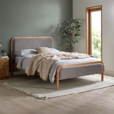 Happy Beds Amaya - King-Size - Low Foot-End Bed - Grey/Oak - Fabric/Wood - 5ft