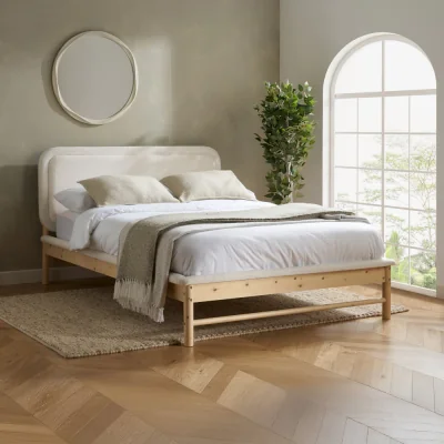 Happy Beds Emmi - King Size - Low Foot-End Bed - White/Oak - Boucle Fabric/Wooden - 5ft