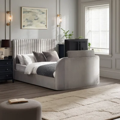 Happy Beds Croft - King Size - TV Bed with Storage Compartment - Light Grey - Velvet - 5ft - Happy Beds