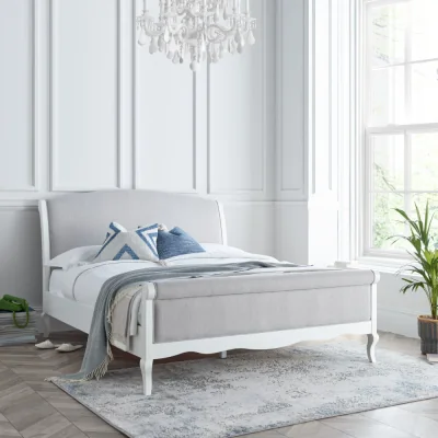 Happy Beds Belle - King Size - Scroll Sleigh Bed - White/Grey - Wooden/Fabric - 5ft - Happy Beds