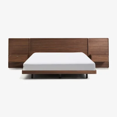 Kave Home Norlen bed with 2 bedside tables in walnut veneer with dark finish and LED light for 180 x 200 cm mattress FSC Mix Credit UK adapter