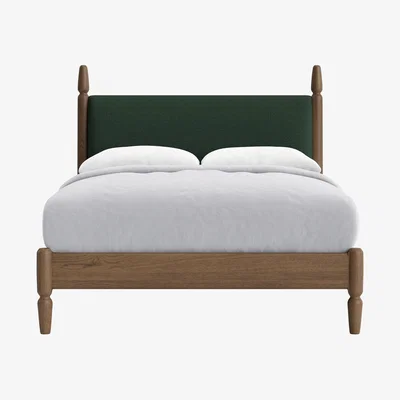 Loaf Double Pippi Bed in Dark Oak in Petrol Can Clever Slubby Linen