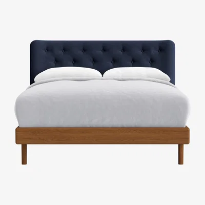 Loaf Double Dr Slow Bed in Warm Ash in Night Owl Blue Clever Woolly Fabric
