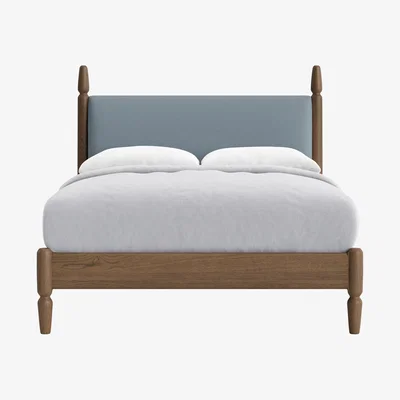 Loaf Double Pippi Bed in Dark Oak in Blue Dungarees Clever Linen