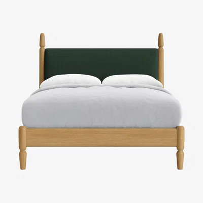 Loaf Double Pippi Bed in Light Oak in Petrol Can Clever Slubby Linen