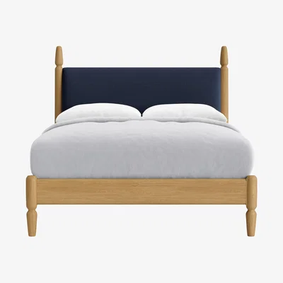Loaf Double Pippi Bed in Light Oak in Night Owl Blue Clever Woolly Fabric