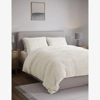 Marks & Spencer M&S Cloud Fleece Ribbed Bedding Set - 5FT - Cream, Grey,Cream,Natural
