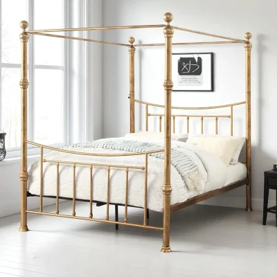 OAT Home Westminster Antique Brass Effect Traditional 4 Poster Metal Bed Frame, Antique Brass / King 5ft - 150x200cm
