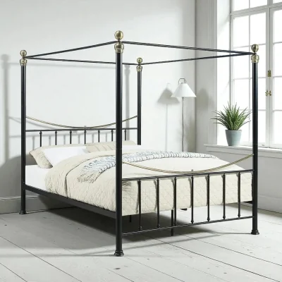 OAT Home Marylebone Traditional Four Poster Metal Bed Frame, Black / Double 4ft6 - 135x190cm