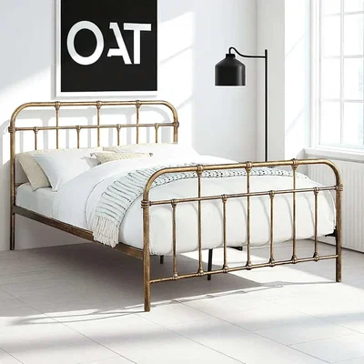 OAT Home Camden Victorian Hospital Style Metal Bed Frame, Antique Brass / Small Double 4ft - 120x190cm