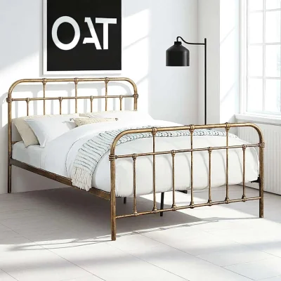 OAT Home Camden Victorian Hospital Style Metal Bed Frame, Antique Brass / Double 4ft6 - 135x190cm