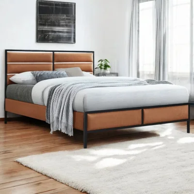 OAT Home Sandbach Faux Leather Upholstered Bed Frame, Tan Brown / Double 4ft6 - 135x190cm