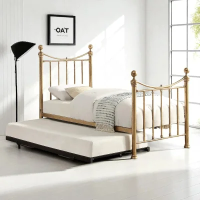 OAT Home Hampstead Traditional Antique Brass Effect Single Metal Bed with Guest Trundle