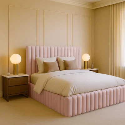 The Range Plush Velvet Brantley Panel Bed Frame Double King Super King - Pink / Superking