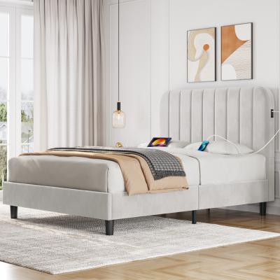 The Range Velvet Bed Frame with Built In USB Ports - Beige