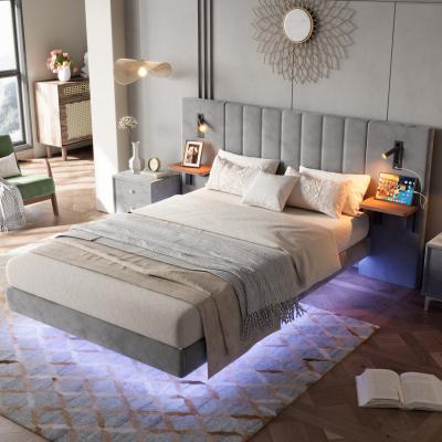The Range Upholstered Bed with Bedside Lamps Charging Socket and Light Strip - Grey