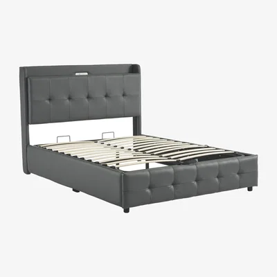 The Range Double Upholstered PU Leather Bed Frame with Hydraulic Storage - Grey