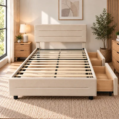 The Range Velvet Upholstered Platform Bed Frame with Adjustable Headboard & 2 Storage Drawers