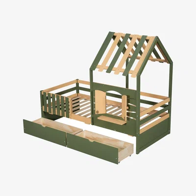 The Range Single Wooden Bed with Drawers - Green