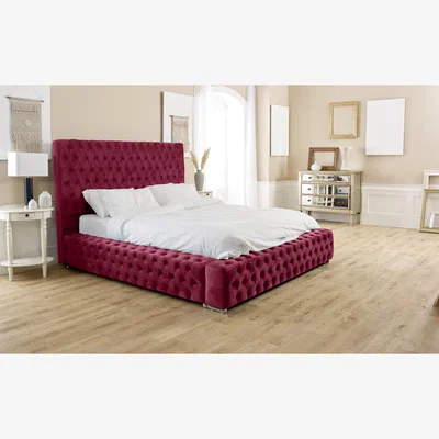 The Range Enigma Plush Plush 4 Inch Solid Thick Bed Frame With Chesterfield Headboard - Maroon / King