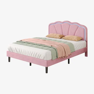 The Range Double Velvet Bed Frame with LED Adjustable Shell Headboard - Pink