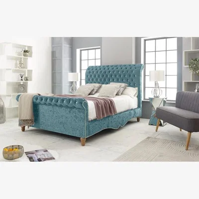 The Range Epsol Crush 4 inch solid thick Bed Frame with Chesterfield Headboard - Duck Egg / Single