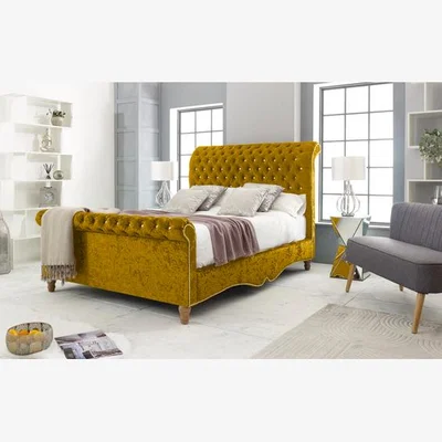 The Range Epsol Crush 4 inch solid thick Bed Frame with Chesterfield Headboard - Mustard Gold / Single