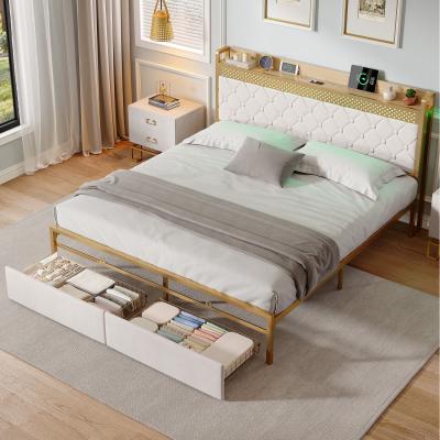 The Range 4ft6 Double Bed Frame with 2 Storage Drawers, LED Storage Headboard - Beige