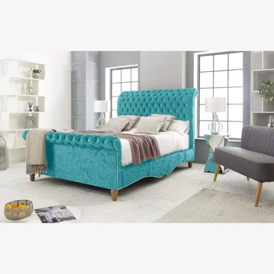 The Range Epsol Crush 4 Inch Solid Thick Bed Frame With Chesterfield Headboard - Teal / Small Double