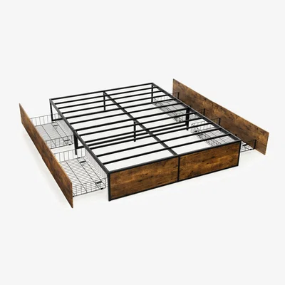 The Range Costway Iron Bed Frame Heavy-Duty Platform Bed Base Steel Slats - Rustic Brown