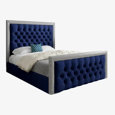 The Range Rincon Glitter Border Upholstered Velvet Bed Frame - Blue / King