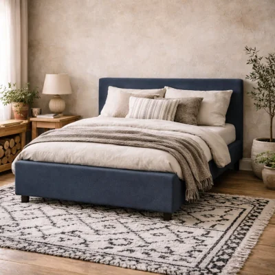 The Range Portarlington Upholstered Double Bed 4ft6 Navy Twill with Headboard - Navy Blue