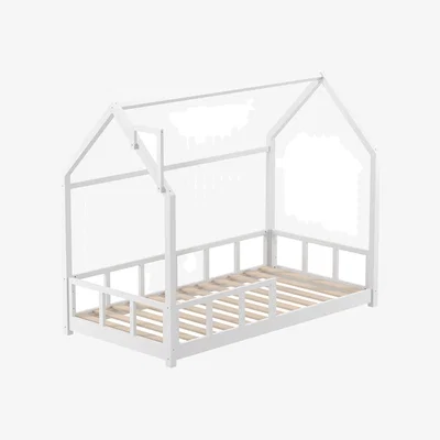 The Range Kidkid White Wooden House Bed Frame with Fence - White