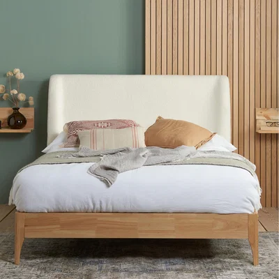 The Range Halfden White Boucle and Oak Bed Frame - White / 208cm