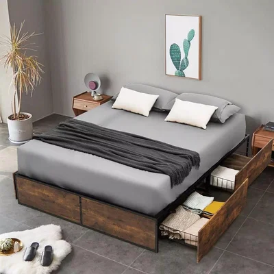 The Range Double Iron Bed Frame 4 Underbed Storage Drawers - Black and Brown