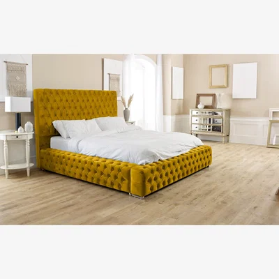 The Range Enigma Plush Plush 4 Inch Solid Thick Bed Frame With Chesterfield Headboard - Mustard Gold / Single