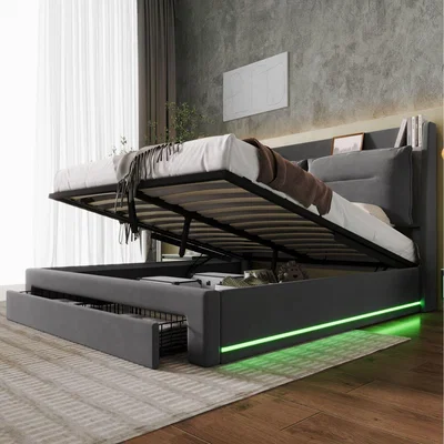 The Range King Slatted Frame Upholstered Bed with Hydraulic Storage LED - Dark Grey