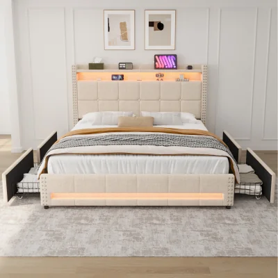 The Range 4ft6 Double Upholstered Bed with 4 Storage Drawers - beige