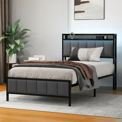 The Range Bed Frame Upholstered Headboard Metal Base LED USB Lights - Dark Grey / Single