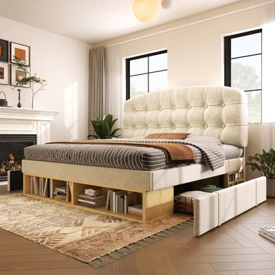 The Range Velvet Upholstered Single Bed with Storage Drawers and Adjustable Headboard - Cream